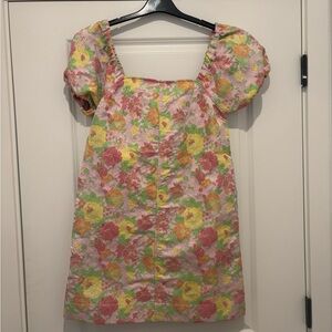 THML Floral Puff Sleeve Mini Dress - Pink, Yellow, Green